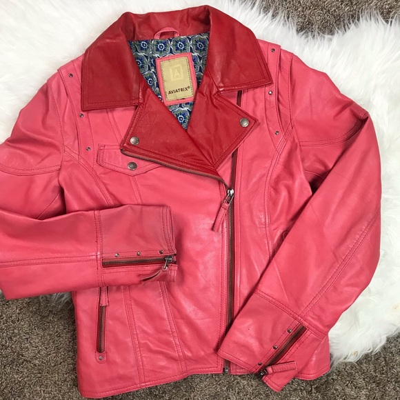 Aviatrix Pink Red Faux Leather Biker Jacket Medium - Picture 7 of 7